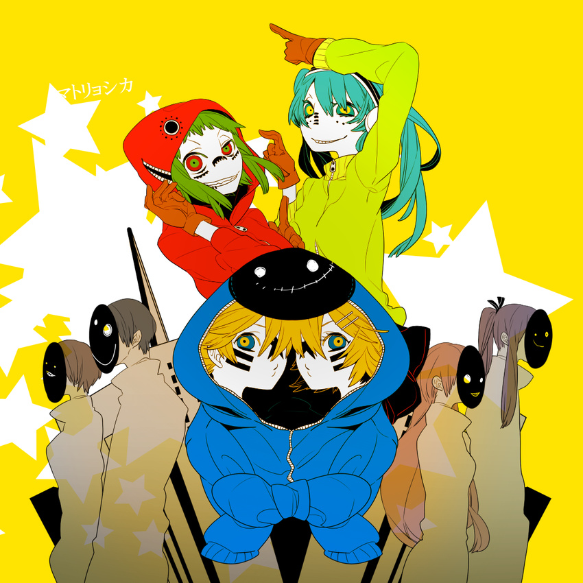 aqua_hair blonde_hair blue_hair chiccccca crazy_eyes gloves green_hair grin gumi hatsune_miku headphones hood hoodie kagamine_len kagamine_rin kaito kamui_gakupo matryoshka_(vocaloid) megaphone megurine_luka meiko multicolored multicolored_eyes multiple_girls short_hair smile twintails vocaloid