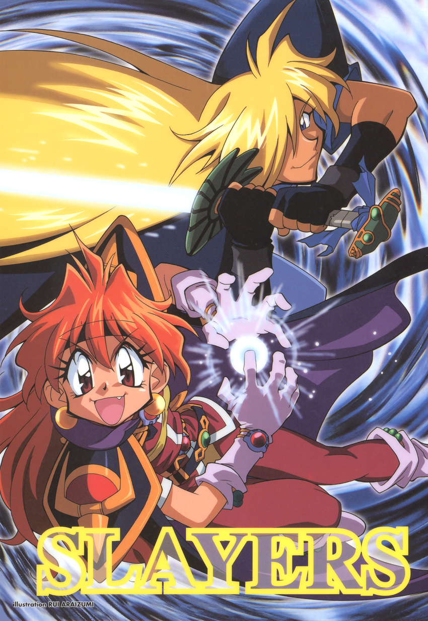 1girl 90s absurdres araizumi_rui blonde_hair blue_eyes cape copyright_name earrings fang fingerless_gloves gloves gourry_gabriev headband highres jewelry lina_inverse long_hair magic official_art open_mouth pauldrons red_eyes red_hair slayers sword weapon