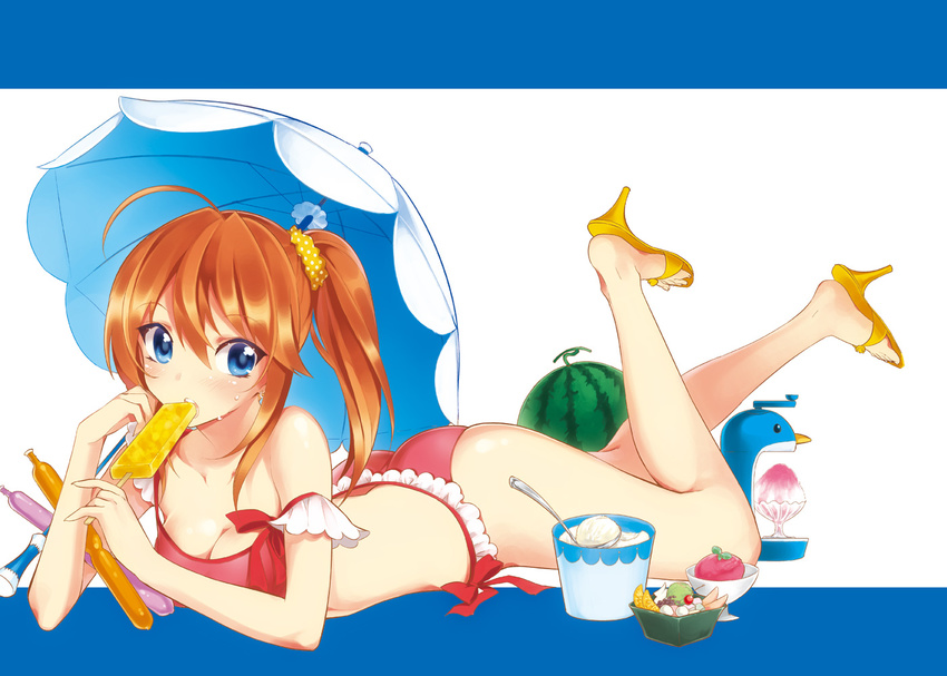 ahoge bikini blue_eyes breasts cleavage food full_body high_heels kayou_(kayou-bi) legs long_hair medium_breasts orange_hair original popsicle sandals shaved_ice shoes simple_background solo swimsuit umbrella