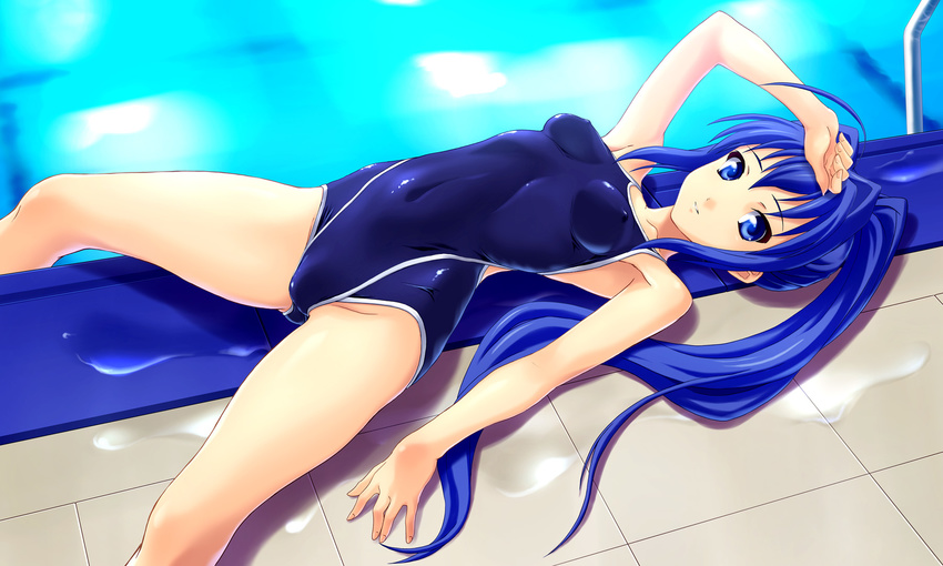 blue_eyes blue_hair competition_school_swimsuit hayase_mitsuki highres impossible_clothes kimi_ga_nozomu_eien legs long_hair lying norizou_type-r on_back one-piece_swimsuit ponytail solo swimsuit very_long_hair water