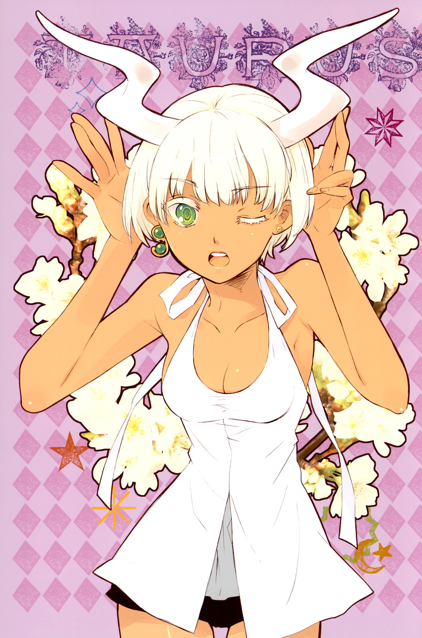 absurdres art_nouveau breasts cleavage dark_skin earrings flower green_eyes highres horns itou_noiji jewelry one_eye_closed open_mouth original short_hair small_breasts solo taurus teeth white_hair zodiac
