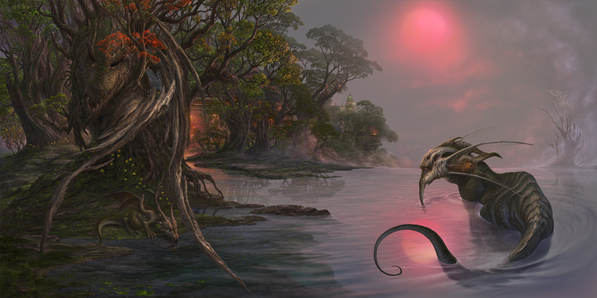 dragon drinking fantasy fog highres no_humans original scenery star sun tree uchio_kazumasa water