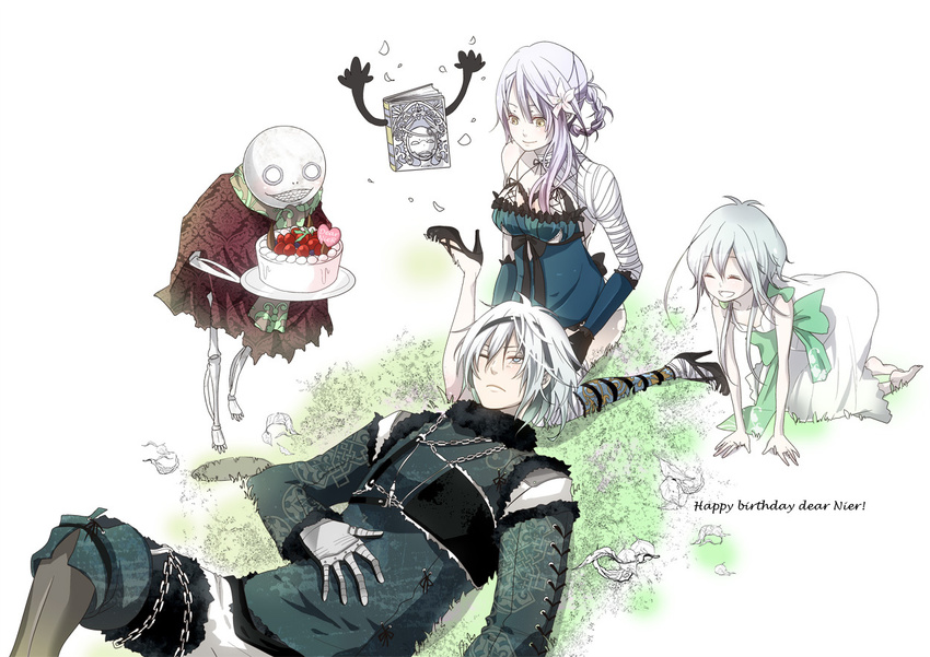 2girls bad_id bad_pixiv_id bandages cake chain closed_eyes emil_(nier) food grimoire_weiss kaine_(nier) kneeling lying multiple_girls nier nier_(series) nier_(young) pomeko silver_hair smile yellow_eyes yonah