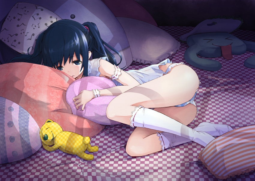 armband ass beamed_eighth_notes blue_eyes blue_hair checkered child eighth_note fetal_position kneehighs lying maeda_risou musical_note musical_note_print no_pants original panties pillow plantar_flexion socks solo striped striped_panties stuffed_animal stuffed_toy teddy_bear twintails underwear white_legwear wristband