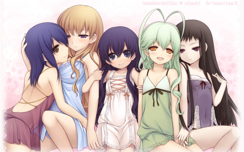 antenna_hair ar_tonelico ar_tonelico_ii bad_id bad_pixiv_id black_hair blonde_hair blue_hair chroche_latel_pastalie cocona_vatel frelia frills green_hair highres jakuri long_hair luca_truelywaath multiple_girls open_mouth purple_eyes purple_hair red_eyes ribbon see-through short_hair smile utsugi_(skydream) wallpaper yellow_eyes