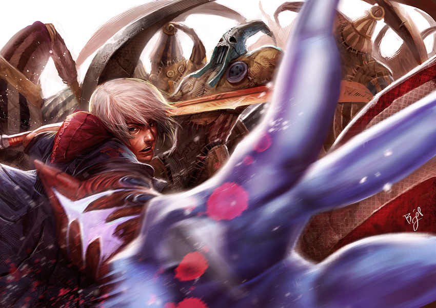blue_eyes buddy_jiang devil_bringer devil_may_cry devil_may_cry_4 male_focus nero_(devil_may_cry) red_queen_(sword) silver_hair solo sword weapon