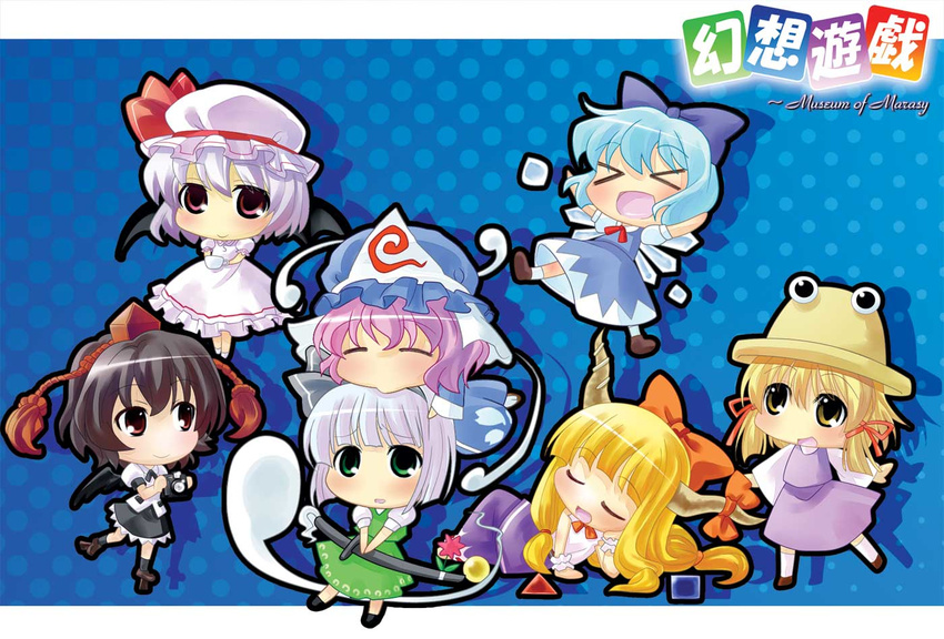 &gt;_&lt; bat_wings black_wings blonde_hair blue_hair brown_hair camera chibi cirno closed_eyes eyes flower geta ghost green_eyes hair_ribbon hat horn_ribbon horns ibuki_suika katana konpaku_youmu konpaku_youmu_(ghost) long_hair moriya_suwako multiple_girls pink_hair red_eyes remilia_scarlet ribbon saigyouji_yuyuko sakino_shingetsu shameimaru_aya short_hair silver_hair skirt sword tengu-geta tokin_hat touhou vampire weapon wings yellow_eyes