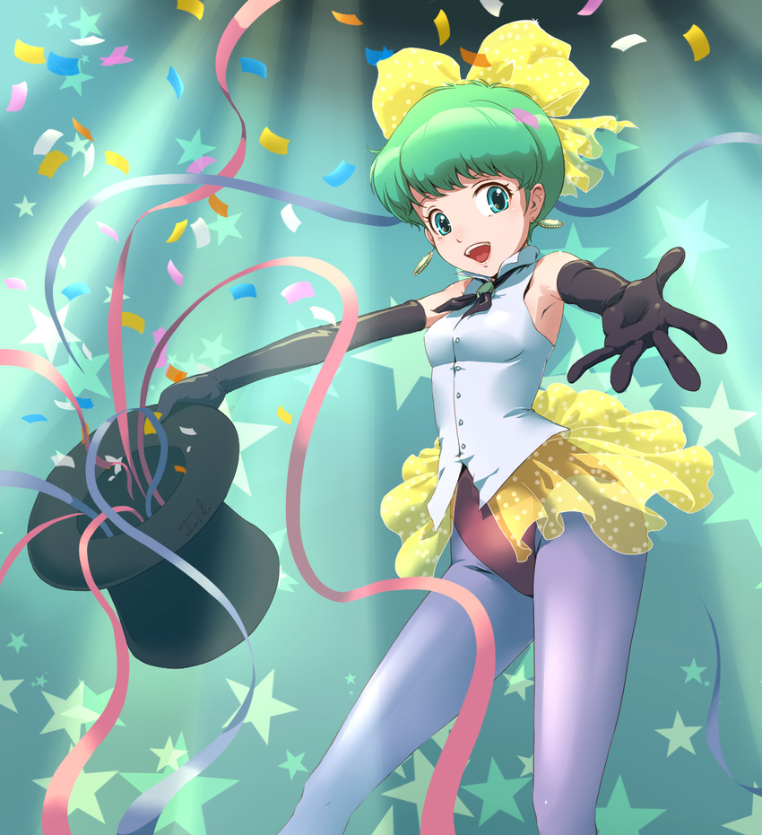 bow face green_eyes green_hair hat hat_tip highres huge_bow kazuki_mai leotard magic magical_emi mahou_no_star_magical_emi pantyhose red_leotard short_hair top_hat toshi_punk very_short_hair yellow_bow