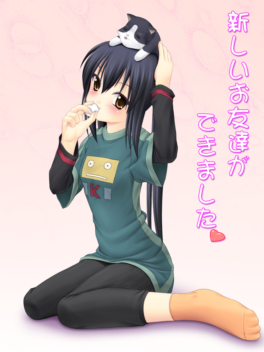 :3 animal animal_on_head black_hair brown_eyes cat cat_on_head eating food highres k-on! marshmallow murasaki_ookami nakano_azusa on_head socks solo translated twintails