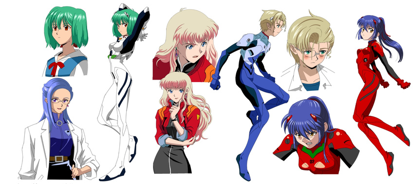 4girls akagi_ritsuko akagi_ritsuko_(cosplay) ayanami_rei ayanami_rei_(cosplay) bad_id bad_pixiv_id blonde_hair blue_eyes blue_hair cosplay genderswap genderswap_(mtf) glasses grace_o'connor green_eyes green_hair highres ikari_shinji ikari_shinji_(cosplay) katsuragi_misato katsuragi_misato_(cosplay) lipstick macross macross_frontier makeup mikhail_buran multiple_girls neon_genesis_evangelion neshougatsu orange_eyes parody plugsuit ponytail purple_eyes ranka_lee saotome_alto school_uniform sheryl_nome short_hair souryuu_asuka_langley souryuu_asuka_langley_(cosplay)