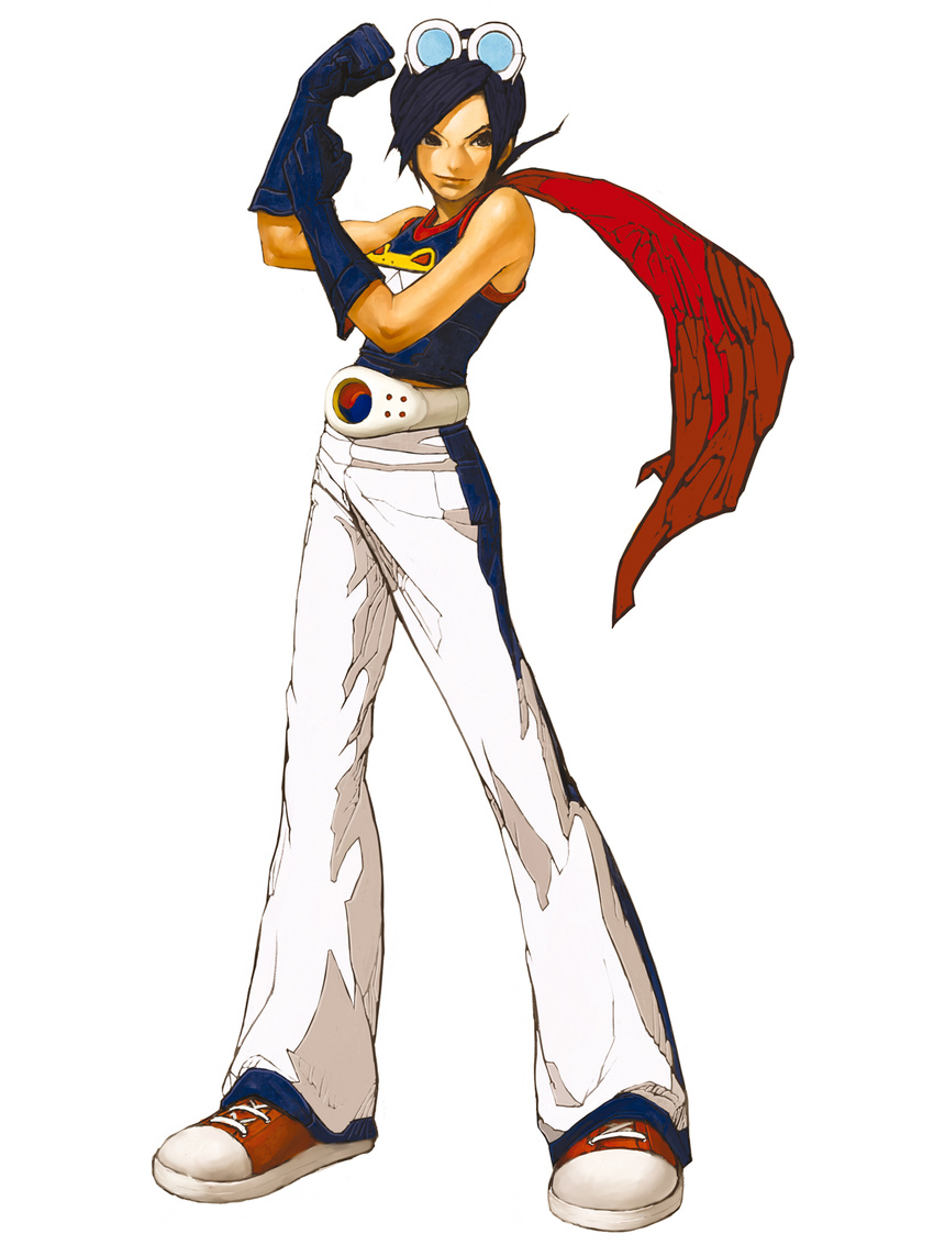 belt blue_hair cape gloves goggles goggles_on_head highres korea may_lee nona official_art pose shoes short_hair sneakers solo tank_top the_king_of_fighters the_king_of_fighters_2002