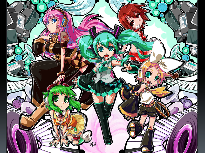 ahoge all_fours aqua_eyes aqua_hair blonde_hair blue_eyes boots breasts brown_eyes brown_hair cleavage goggles green_eyes green_hair gumi hair_ornament hair_ribbon hairclip hatsune_miku headphones headset highres kagamine_rin long_hair medium_breasts megurine_luka meiko multiple_girls necktie pink_hair ribbon shimizukaeru short_hair skirt smile speaker thighhighs twintails vocaloid wrist_cuffs zettai_ryouiki