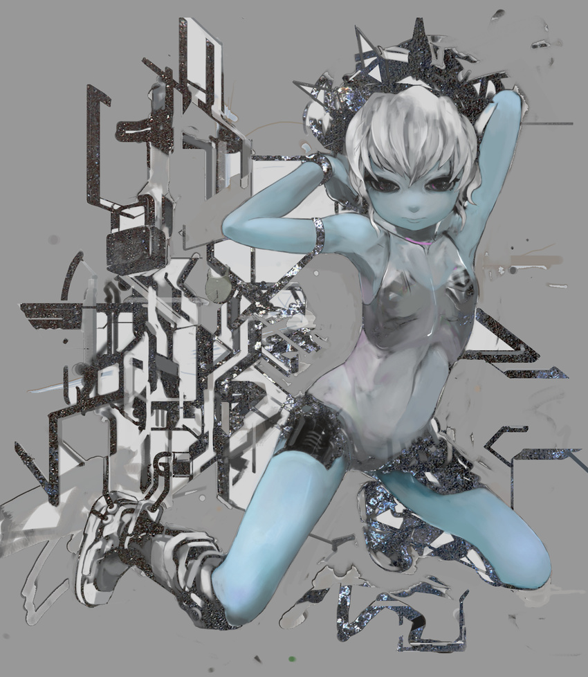 armpits blue_skin boots copyright_request flat_chest highres kneeling short_hair silver_hair solo uturo