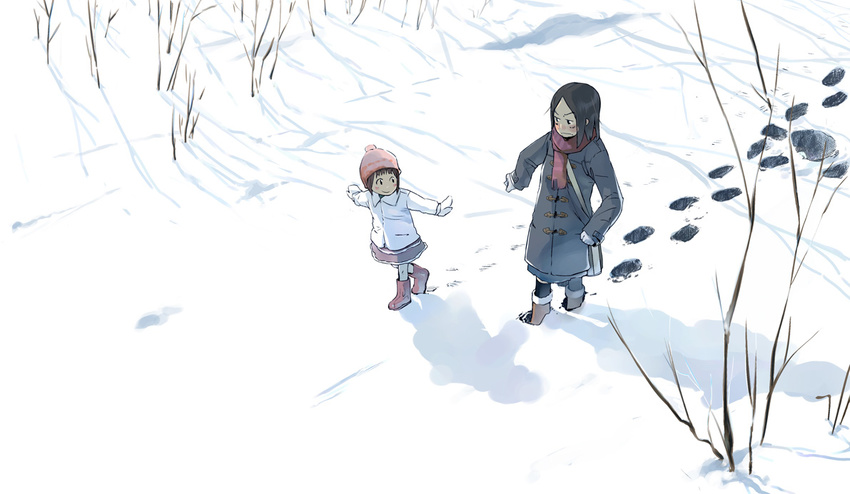 bag beanie child coat footprints hat multiple_girls original scarf snow yukihiroyuki