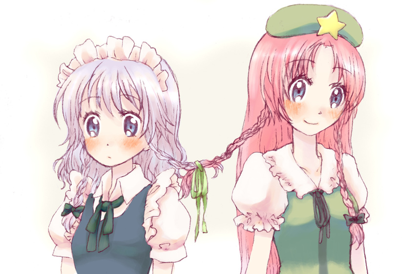 bad_id bad_pixiv_id blue_eyes blush braid hairband hat hong_meiling izayoi_sakuya multiple_girls red_hair rias-shiki_kawaii ribbon silver_hair touhou twin_braids yuri