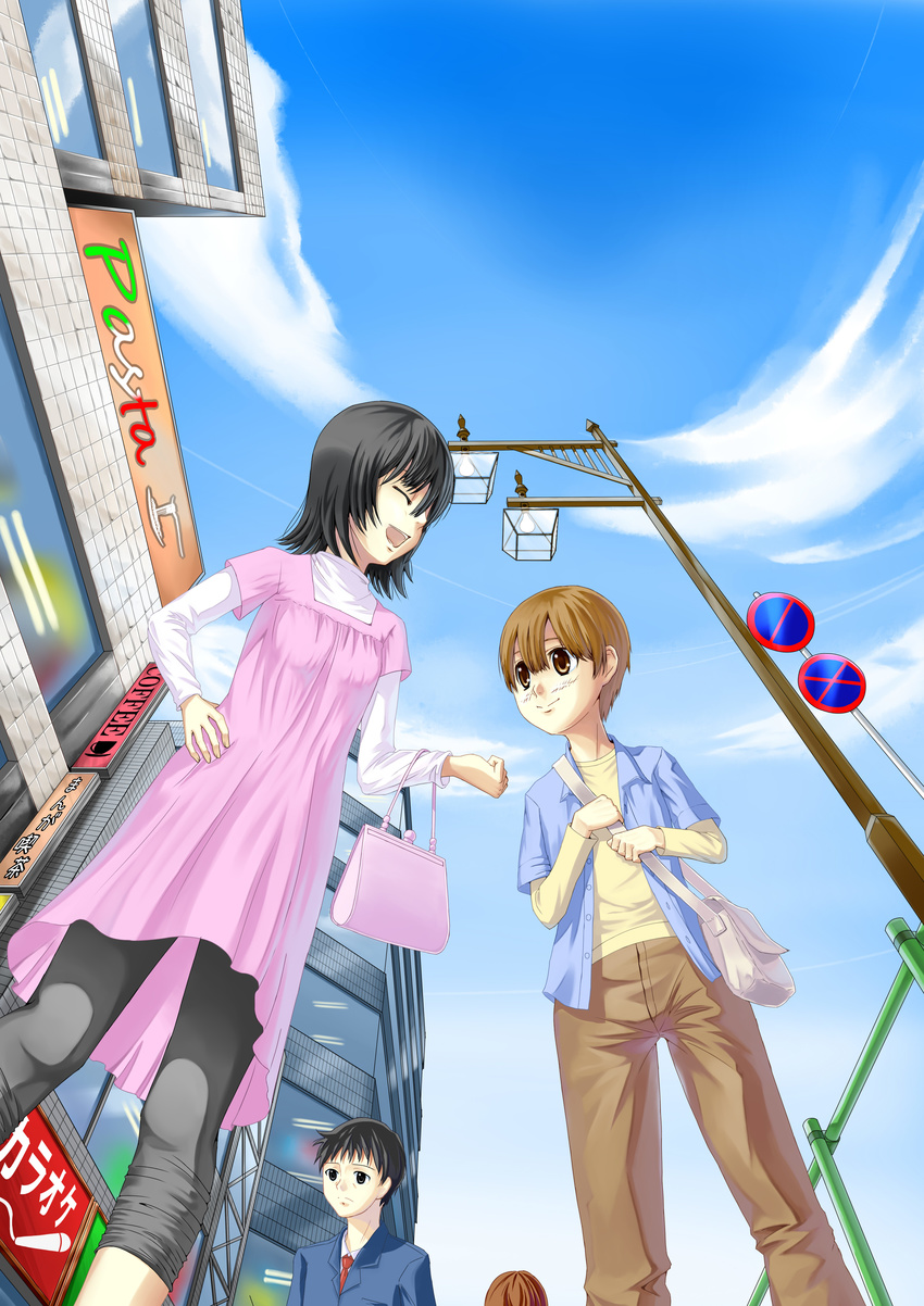 2boys absurdres bag black_hair blush brown_eyes brown_hair closed_eyes couple day denim dress from_below handbag hetero highres hourou_musuko jeans leggings multiple_boys nitori_shuuichi nomi pants pink_dress sky smile suehiro_anna