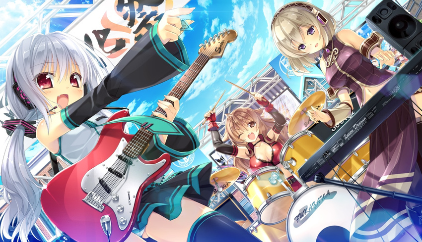 artist_request ass_visible_through_thighs breasts brown_eyes brown_hair cloud cosplay drum drum_set drumsticks dutch_angle electric_guitar guitar hatsune_miku hatsune_miku_(cosplay) instrument kanna_kana keyboard_(instrument) kouzuka_michi light_brown_hair long_hair medium_breasts multiple_girls official_art one_eye_closed panties pantyshot parody primal_hearts purple_eyes red_eyes silver_hair sky small_breasts smile tenjindaira_haruhi underwear vocaloid