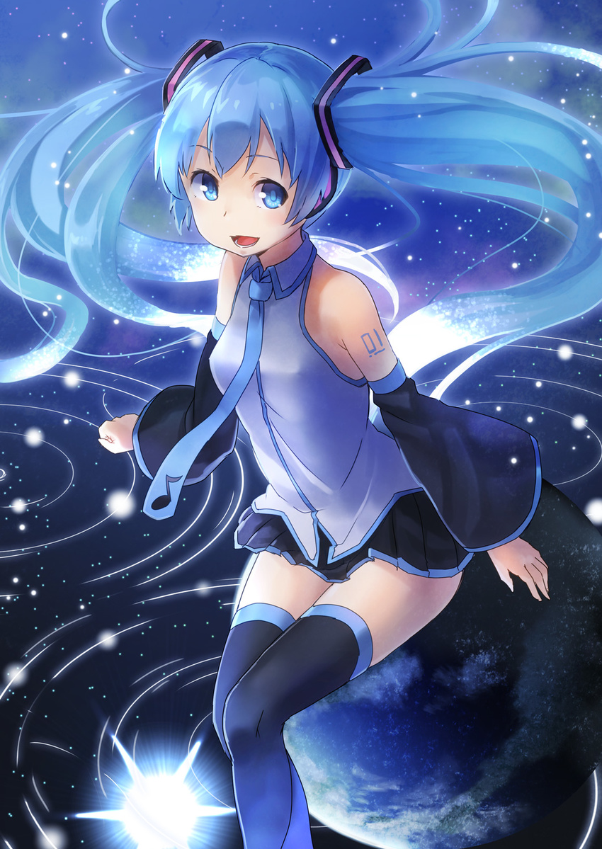 blue_eyes blue_hair detached_sleeves hatsune_miku highres long_hair necktie skirt solo thighhighs tokumaro twintails very_long_hair vocaloid