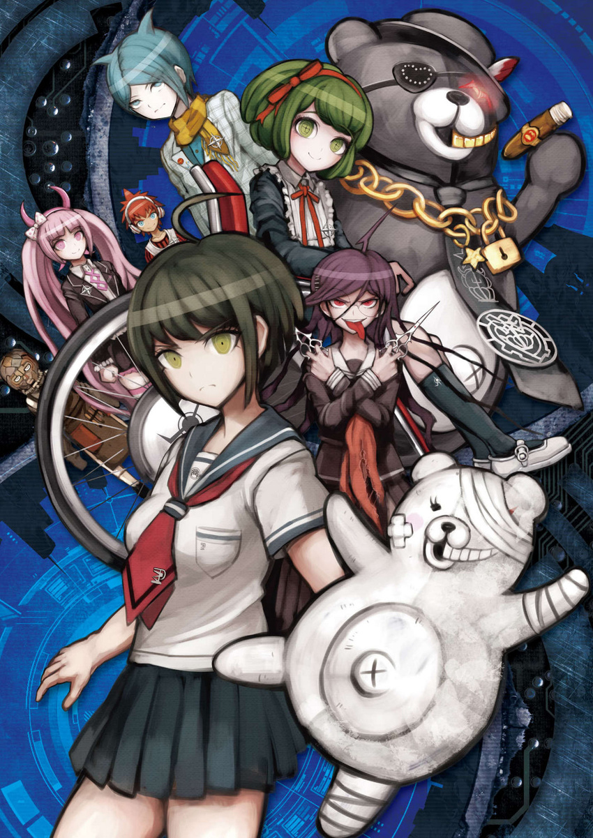 4girls ahoge blue_eyes blue_hair braid brown_hair daimon_masaru_(danganronpa) danganronpa fake_horns genocider_shou green_eyes green_hair hairband highres kemuri_jatarou kurokuma_(danganronpa) long_hair monaka_(danganronpa) monokuma multiple_boys multiple_girls naegi_komaru official_art pink_eyes pink_hair red_eyes red_hair scarf school_uniform scissors serafuku shimadoriru shingetsu_nagisa shirokuma_(danganronpa) short_hair skirt smile tongue tongue_out twin_braids twintails utsugi_kotoko very_long_hair wheelchair zettai_zetsubou_shoujo