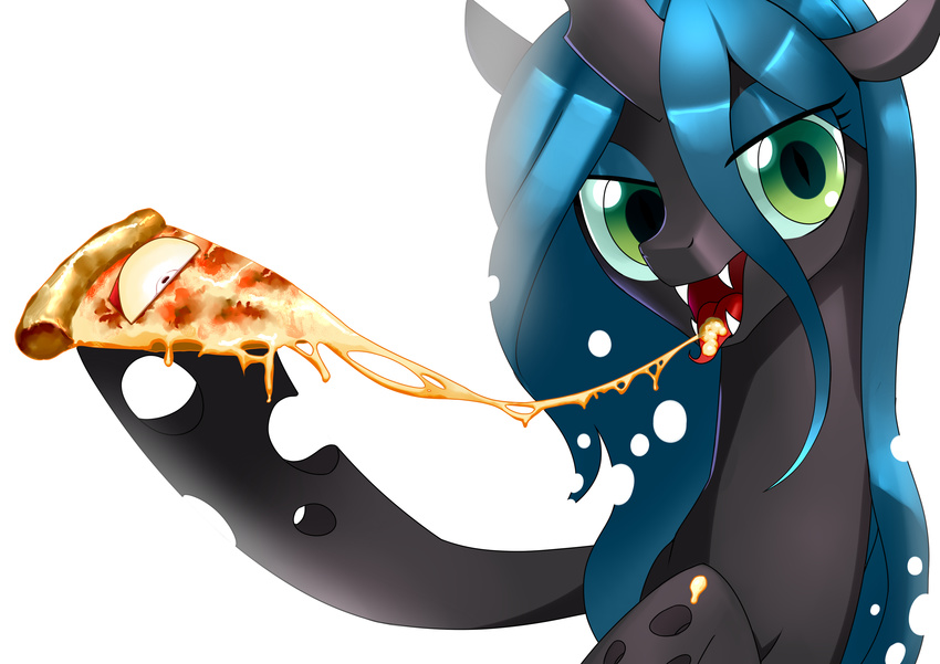 2014 apple changeling cheese fangs female food friendship_is_magic fruit gashiboka green_eyes green_hair hair holes looking_at_viewer my_little_pony pizza plain_background queen_chrysalis_(mlp) sharp_teeth slit_pupils solo straight_hair teeth white_background