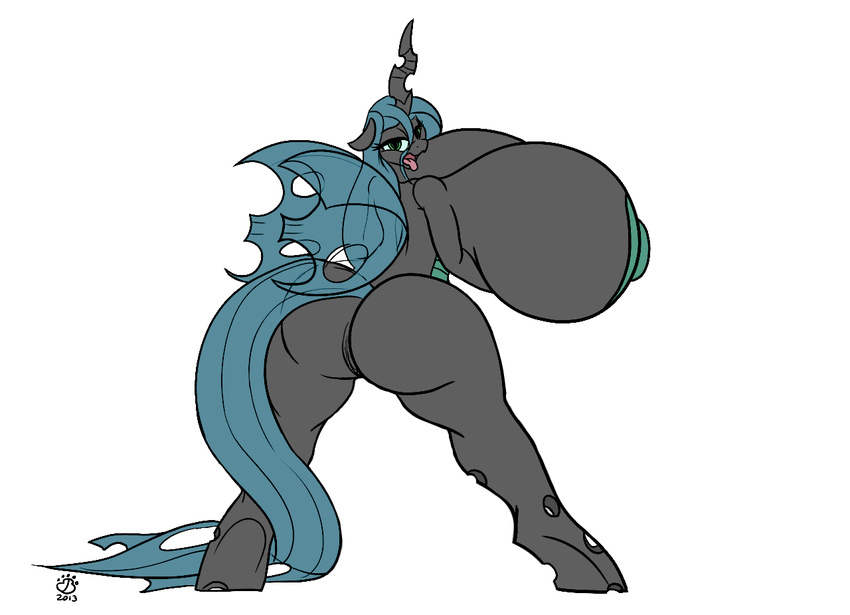 2014 ahegao anthro anthrofied badgerben big_breasts big_butt black_body blue_hair breasts butt changeling colored edit female friendship_is_magic green_eyes hair huge_breasts huge_butt hyper hyper_breasts my_little_pony open_mouth plain_background pussy queen_chrysalis_(mlp) solo tongue tongue_out white_background