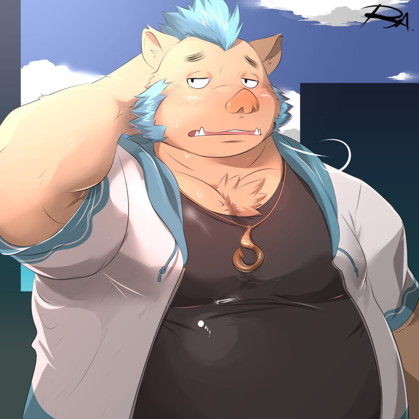 2018 anthro belly boar clothing gouryou male mammal mohawk overweight overweight_male porcine reclamon shirt solo tokyo_afterschool_summoners video_games