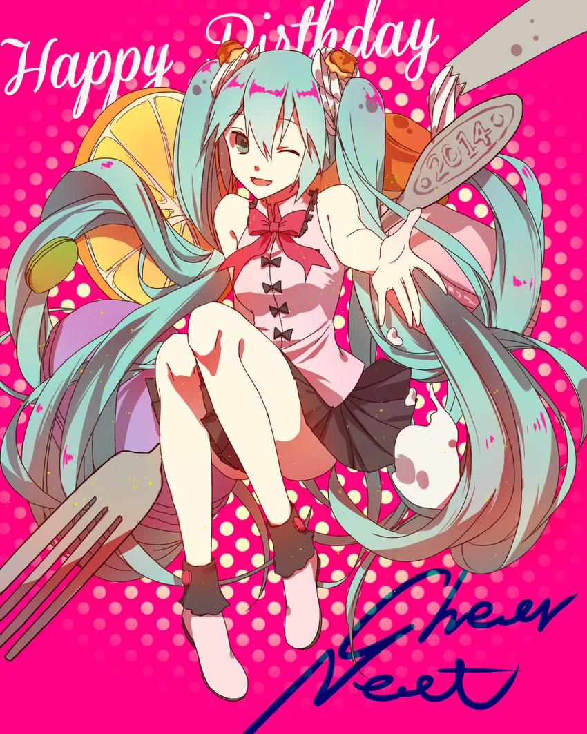 2014 bow bowtie food fork fruit green_eyes green_hair happy_birthday hatsune_miku highres iamcheer long_hair one_eye_closed open_mouth outstretched_arm polka_dot polka_dot_background skirt solo twintails very_long_hair vocaloid