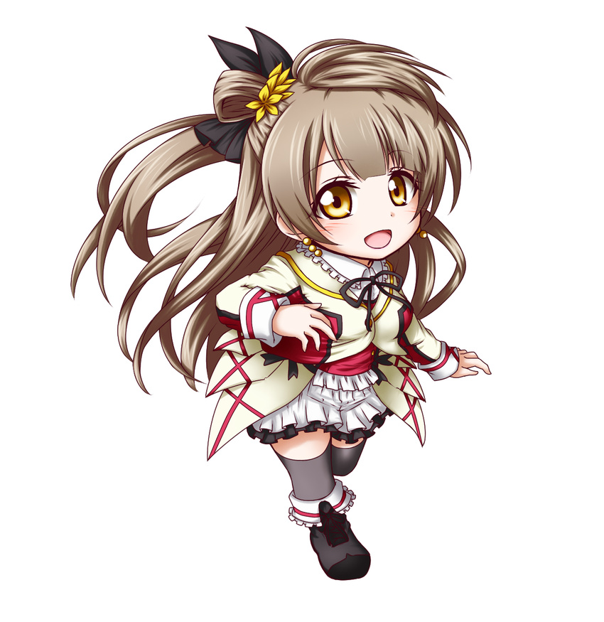 1girl boots brown_eyes brown_hair chibi commentary earrings flower grey_hair hair_flower hair_ornament highres jewelry kuena long_hair long_sleeves looking_at_viewer love_live! love_live!_school_idol_project minami_kotori one_side_up pleated_skirt simple_background skirt solo sore_wa_bokutachi_no_kiseki thighhighs white_background
