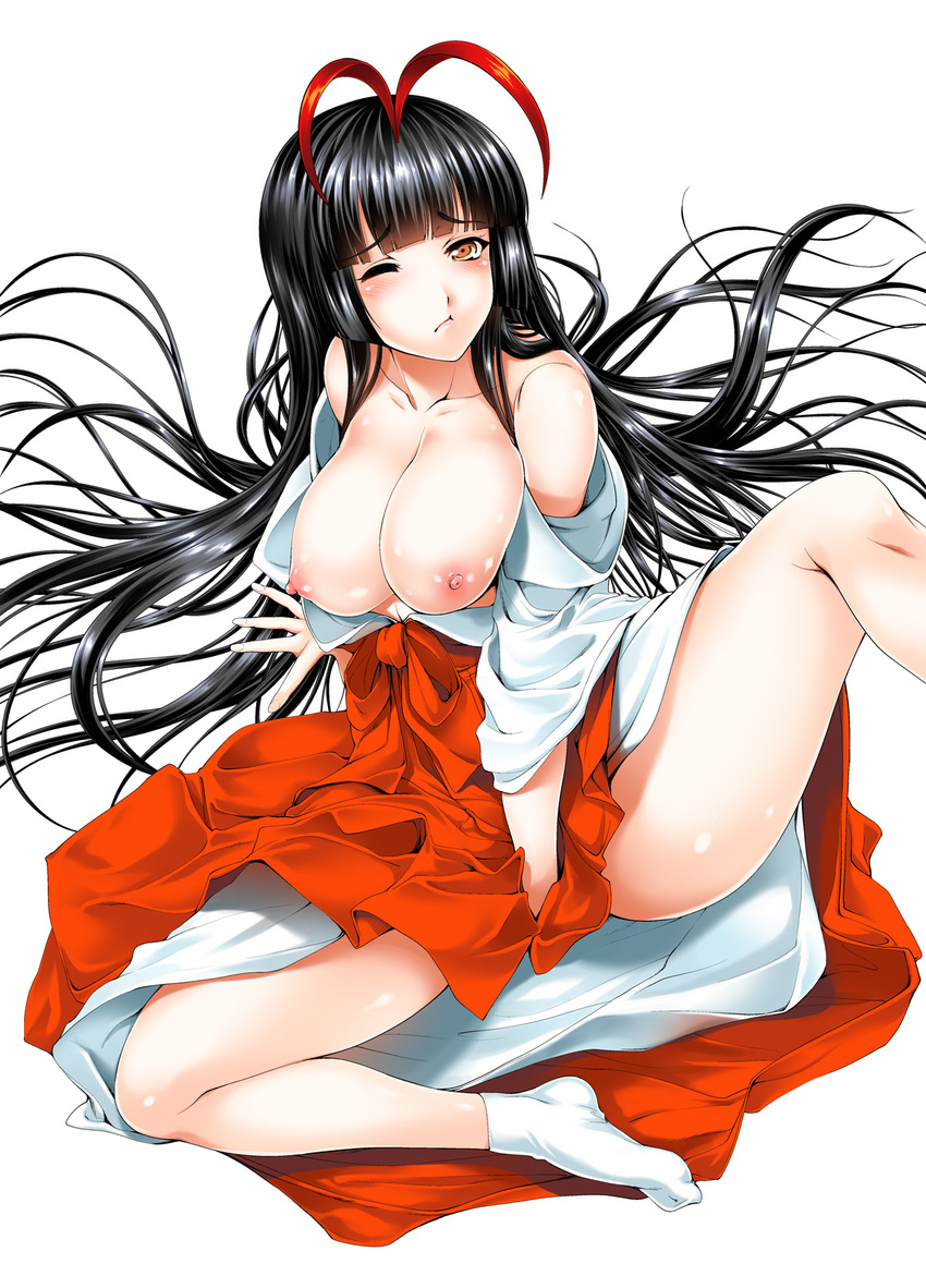antenna_hair black_hair blush breasts collarbone frown gen_(genetrix) hakama highres japanese_clothes large_breasts long_hair looking_at_viewer miko miko-chan_(gen_(genetrix)) multicolored_hair nipples one_eye_closed original red_hair red_hakama simple_background solo tabi two-tone_hair white_background white_legwear yellow_eyes
