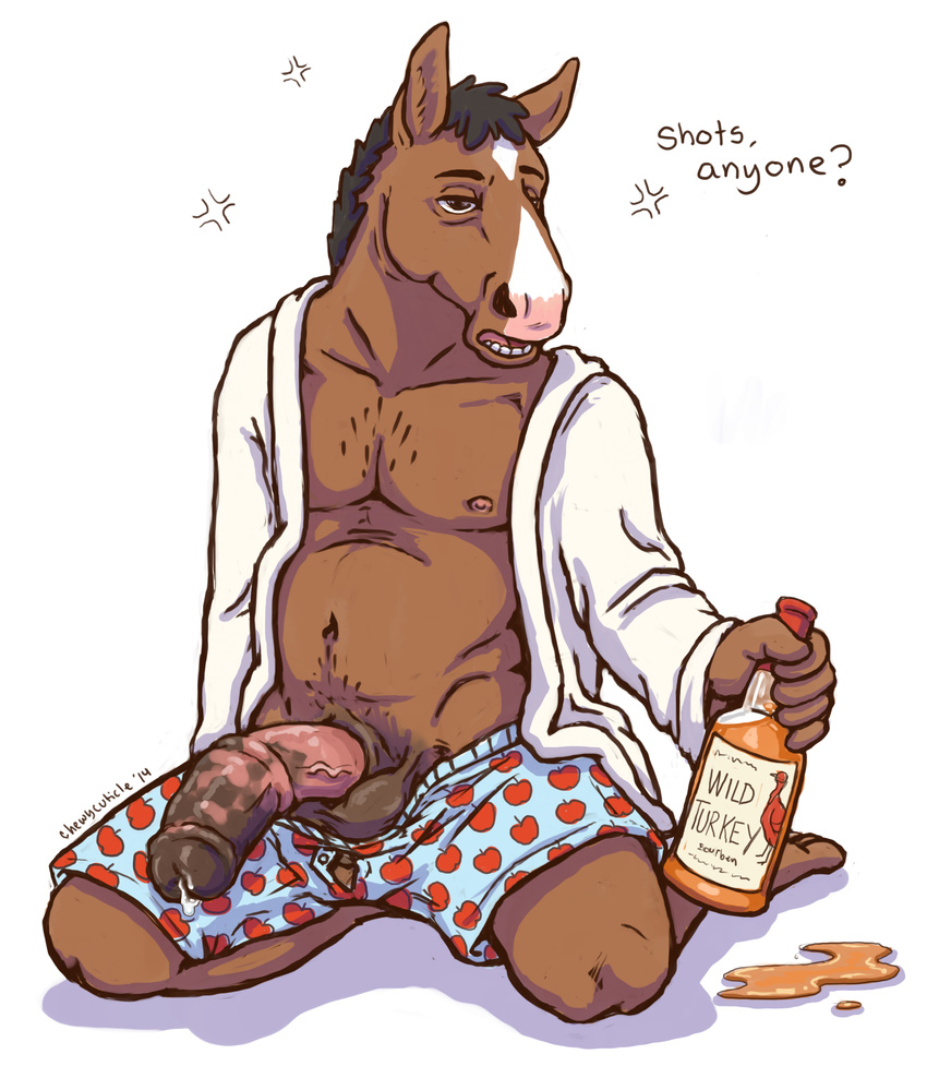 alcohol animal_genitalia balls beverage big_penis chewycuticle chubby clothed clothing drunk english_text equine erection horse horsecock male mammal nipples penis precum solo text whiskey