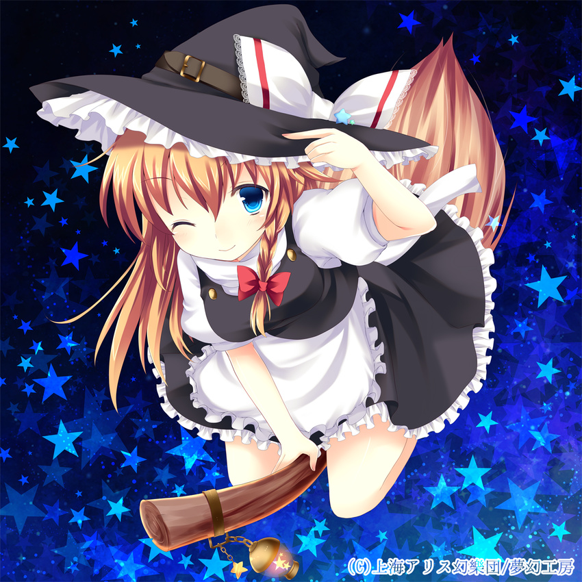 ;) ajiriko bad_id bad_pixiv_id banned_artist blonde_hair blue_eyes broom hat highres kirisame_marisa leaning_forward long_hair looking_at_viewer one_eye_closed riding smile solo touhou witch_hat