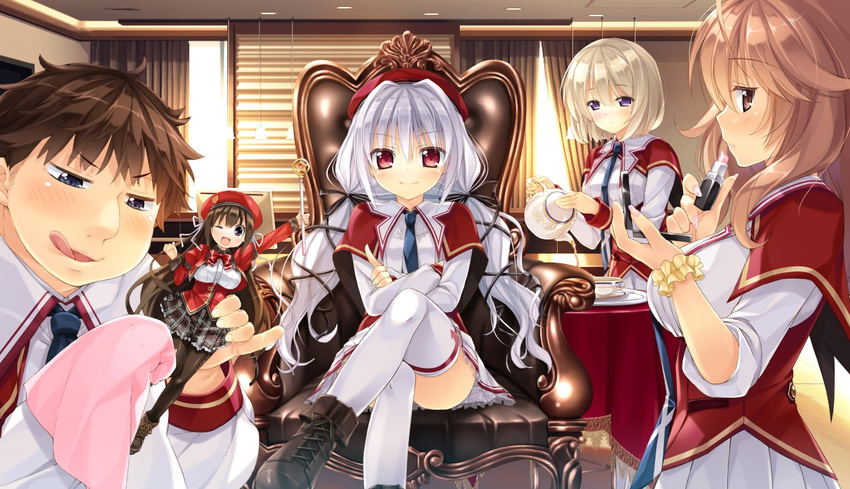 3girls ashishun blonde_hair breasts brown_hair chair crossed_arms doll game_cg highres kokonoka large_breasts legs legs_crossed lipstick long_hair looking_at_viewer makeup multiple_girls primal_x_hearts red_eyes sasorigatame school_uniform shoes short_hair sitting smile standing tenjindaira_haruhi thighs twintails white_hair white_legwear