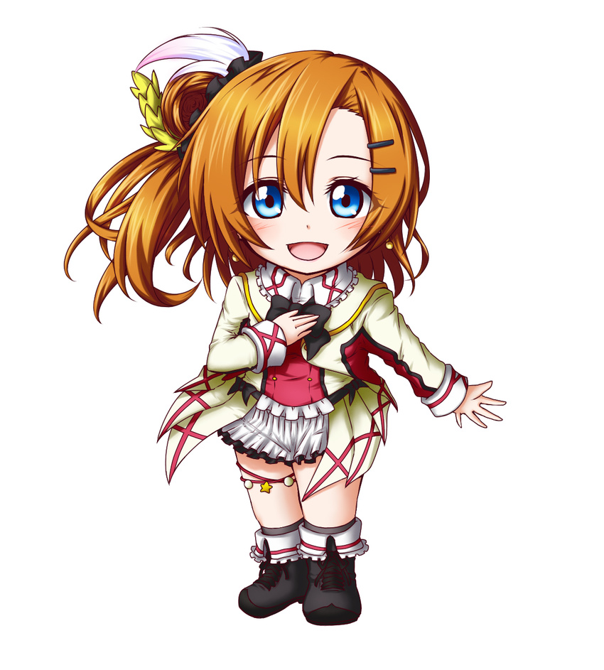 :d bangs blue_eyes boots brown_hair chibi double-breasted feathers hair_feathers hair_ornament hairpin hand_on_own_chest highres kousaka_honoka kuena love_live! love_live!_school_idol_project one_side_up open_mouth orange_hair short_hair simple_background skirt smile solo sore_wa_bokutachi_no_kiseki white_background