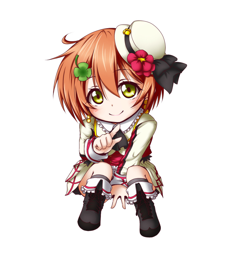 ascot between_legs boots brown_hair chibi clover_hair_ornament earrings flower four-leaf_clover_hair_ornament frilled_shirt_collar frills green_eyes hair_ornament hand_between_legs hat hat_flower hat_ribbon highres hoshizora_rin jewelry kuena looking_at_viewer love_live! love_live!_school_idol_project mini_hat mini_top_hat orange_hair pointing pointing_at_viewer ribbon short_hair simple_background smile solo sore_wa_bokutachi_no_kiseki squatting top_hat white_background
