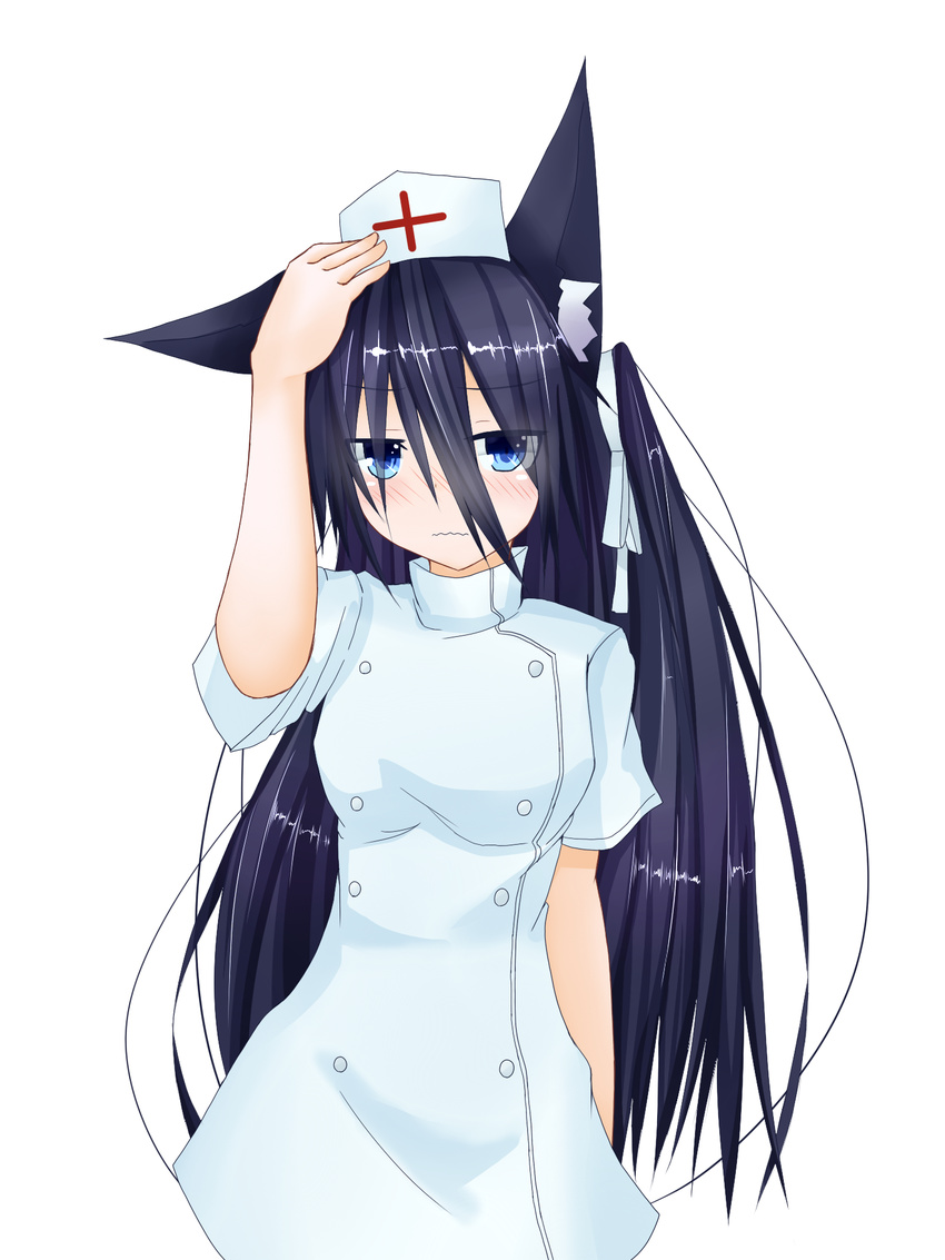 animal_ears black_hair blue_eyes embarrassed fox_ears hand_on_own_head hat highres kouhii_kitsune long_hair nurse nurse_cap original solo wavy_mouth