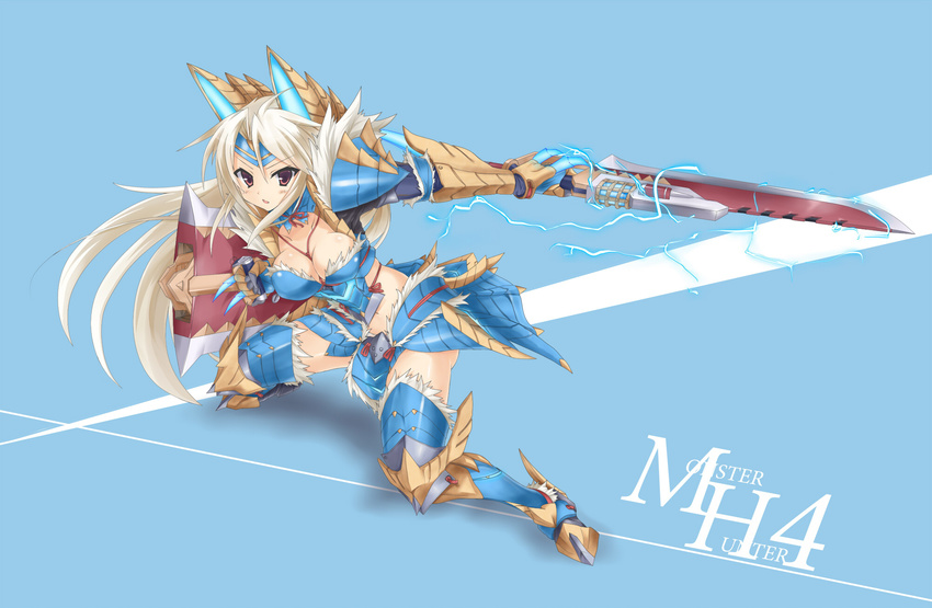 armor between_breasts bikini_armor blue_background blue_legwear blush breasts charge_blade chestnut_mouth cleavage collarbone electricity fighting_stance fur_trim gauntlets highres holding holding_sword holding_weapon kurokage large_breasts long_hair looking_at_viewer monster_hunter monster_hunter_4 navel open_mouth pauldrons red_eyes solo sword text_focus thighhighs title weapon white_hair zinogre_(armor)