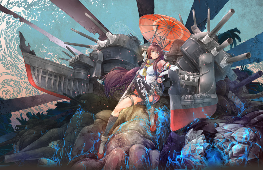 black_legwear breasts brown_eyes brown_hair cannon convenient_leg detached_sleeves headgear kantai_collection koukaku large_breasts long_hair looking_at_viewer machinery mecha_musume miniskirt parasol petals pleated_skirt ponytail reclining shipwreck single_thighhigh sitting sitting_on_rock skirt smile solo thigh_strap thighhighs turret umbrella very_long_hair water waves yamato_(kantai_collection)