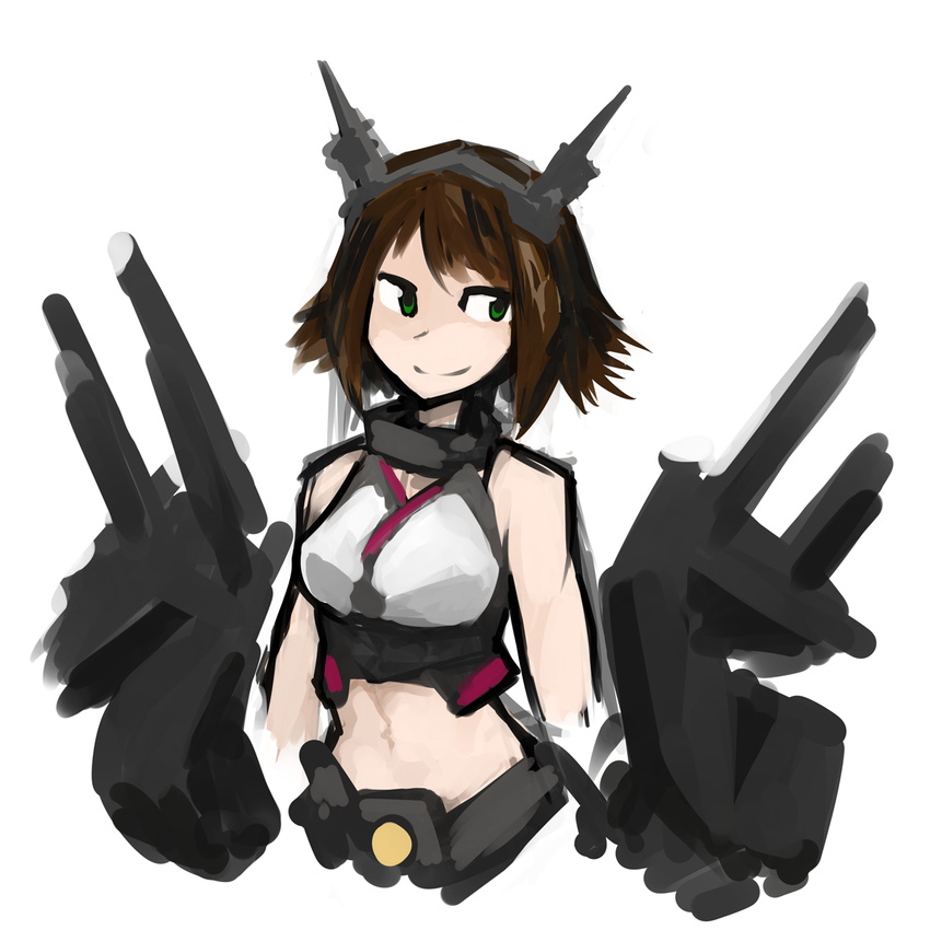 bare_shoulders breasts brown_hair commentary_request deel_(rkeg) green_eyes headgear highres kantai_collection medium_breasts midriff mutsu_(kantai_collection) short_hair sketch smile solo