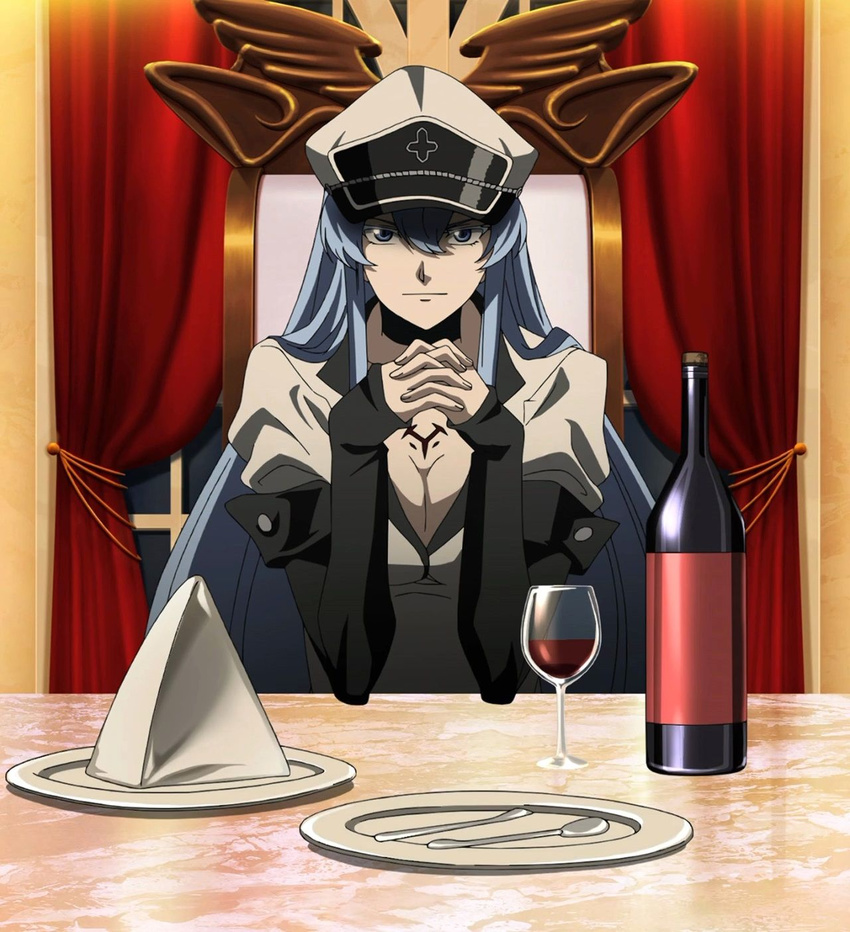 1girl akame_ga_kill! blue_eyes blue_hair bottle esdeath esdese hat long_hair sitting solo stitched tattoo