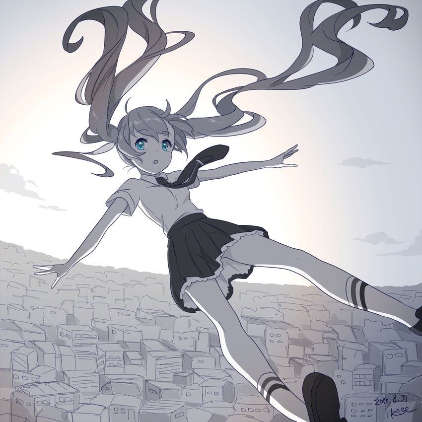 artist_name blue_eyes city cloud dated hatsune_miku highres kise_(swimmt) kneehighs long_hair monochrome necktie school_uniform shoes skirt sky socks spot_color twintails vocaloid