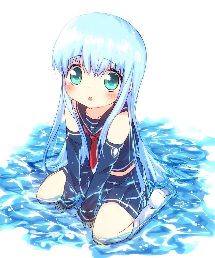 aoki_hagane_no_arpeggio aqua_eyes ayakashi_(monkeypanch) blue_hair detached_sleeves highres in_water iona long_hair looking_at_viewer open_mouth pleated_skirt school_uniform serafuku sitting skirt solo wet wet_clothes