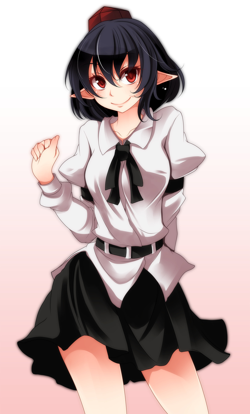 absurdres bad_id bad_pixiv_id black_hair cowboy_shot hat highres looking_at_viewer pointy_ears red_eyes s-syogo shameimaru_aya short_hair solo tokin_hat touhou