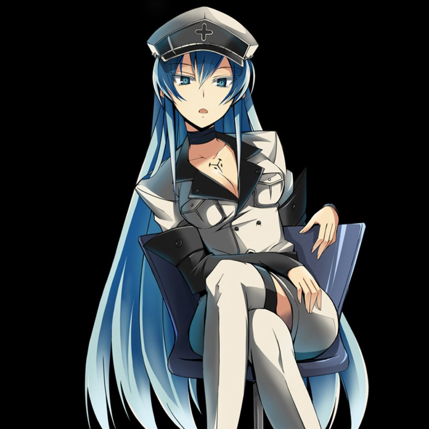 1girl akame_ga_kill! black_background blue_eyes blue_hair breasts esdeath esdese hat large_breasts long_hair open_mouth simple_background sitting solo tattoo very_long_hair