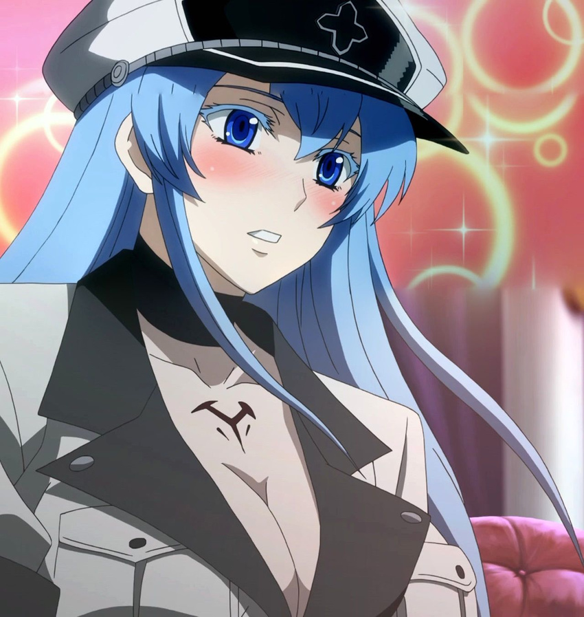 1girl akame_ga_kill! blue_eyes blue_hair blush breasts esdeath esdese hat large_breasts long_hair screencap solo stitched tattoo