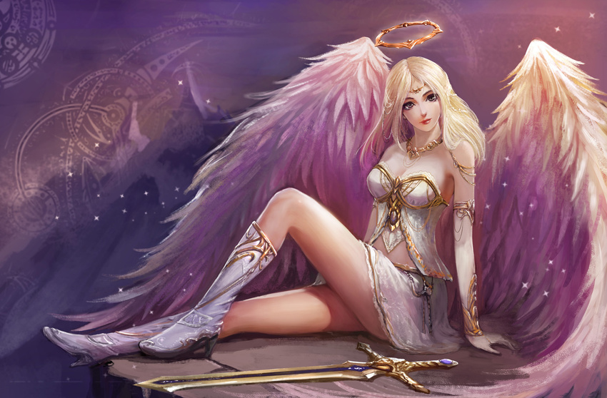 angel angel_wings arm_support bare_shoulders blonde_hair boots breasts bustier elbow_gloves gloves halo high_heel_boots high_heels jewelry kayle kaze_no_gyouja knee_up league_of_legends light_particles long_hair looking_at_viewer medium_breasts midriff miniskirt necklace silver_eyes sitting skirt solo sword weapon wings