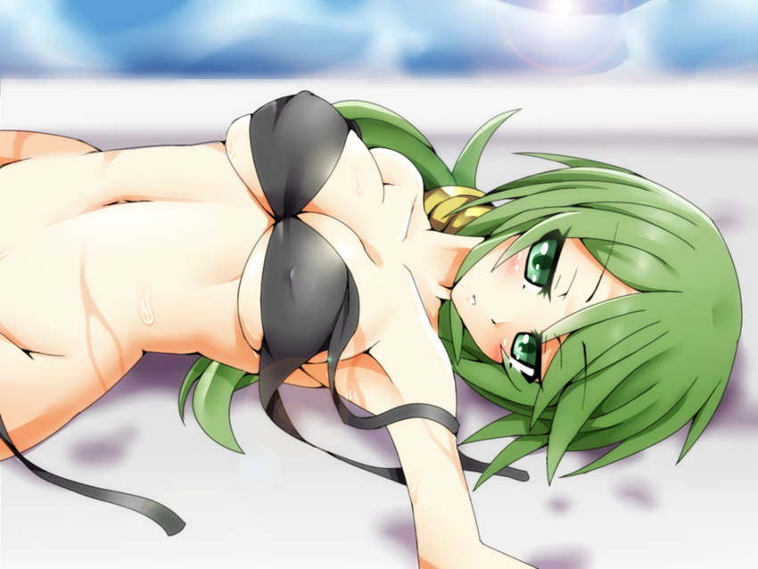 bikini blush breasts caam_serenity_of_gusto cleavage collarbone covered_nipples duel_monster green_eyes green_hair groin kiramashi_(satsujinki) large_breasts long_hair looking_at_viewer midriff navel open_mouth ponytail solo stomach swimsuit wardrobe_malfunction yuu-gi-ou