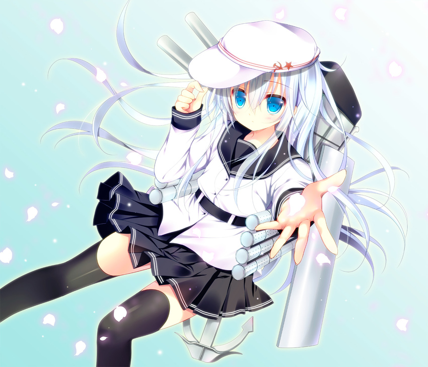 black_legwear blue_eyes hat hibiki_(kantai_collection) highres kantai_collection long_hair looking_at_viewer machinery petals pleated_skirt reaching shirogane_hina skirt solo verniy_(kantai_collection) white_hair