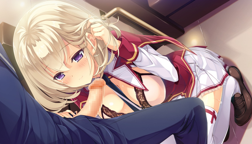 1girl adjusting_hair ashishun blonde_hair blush bra breasts censored game_cg highres kneeling kokonoka large_breasts legs open_clothes penis primal_x_hearts purple_eyes sasorigatame school_uniform shoes short_hair skirt smile thighs underwear white_legwear