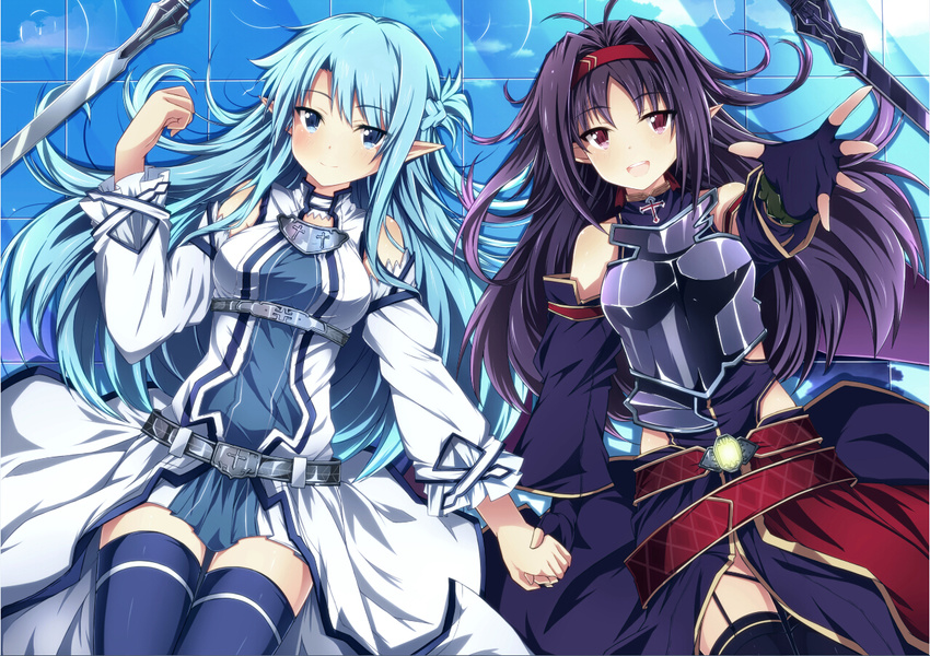 :d asuna_(sao) asuna_(sao-alo) black_legwear blue_eyes blue_hair blue_legwear blush breastplate detached_sleeves hairband holding_hands jianren long_hair looking_at_viewer multiple_girls open_mouth outstretched_hand pointy_ears purple_hair smile sword sword_art_online thighhighs weapon yuuki_(sao)