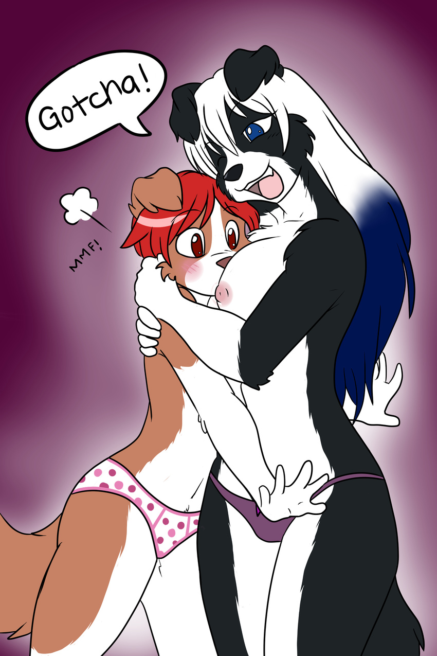 absurd_res anthro big_breasts blue_eyes blue_hair blush breasts canine cheri_(artist) clothing cute dog duo dyr_(edit) female fur hair hi_res holly_(darkduck64) long_hair mammal nipples open_mouth panties plain_background red_hair simple_background smile standing tongue topless underwear